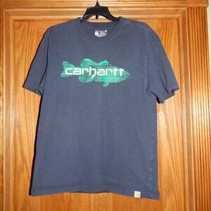 Men's Size Small S CARHARTT Loose Fit Navy Green Fish Graphic Heavyweight Shirt